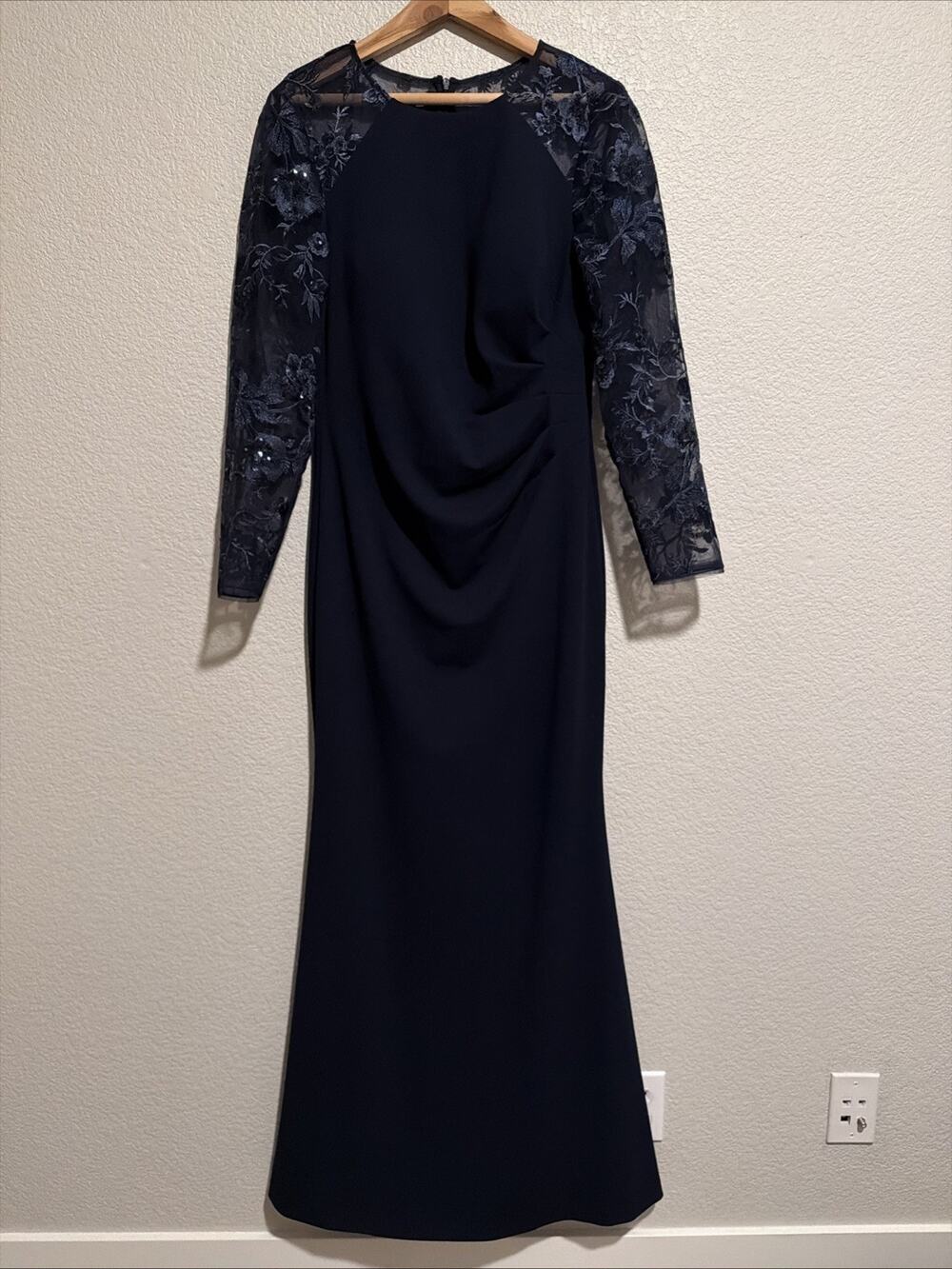 NEW ELIZA J Gown Scuba Crepe Navy Sequin Embroidered Lace Gathered Front Drape